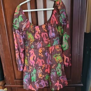 FARM Rio Pink and Green Bishop Sleeve Midi Sundress